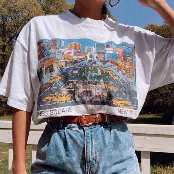 

men's t-shirts retro aesthetics women's t-shirt harajuku times square york printed cotton short sleeve casual street dress graphic, White;black
