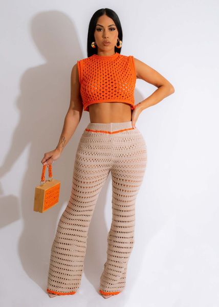 

women's two piece pants summer knit rib hollow out 2 set women sleeveless crop + wide leg slim club outfits streetwear y2k 230504, White
