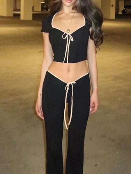 

women's two piece pants taruxy v-neck crop +tie-up 2 sets womens outfits summer fitness casual flared pant street femme bodycon t shirt, White