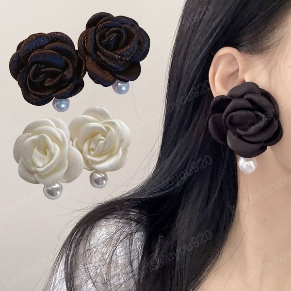 

women's large fabric flower dangle earrings simple simulated pearl pendant earring ladies trendy wedding party jewelry accessories, Silver