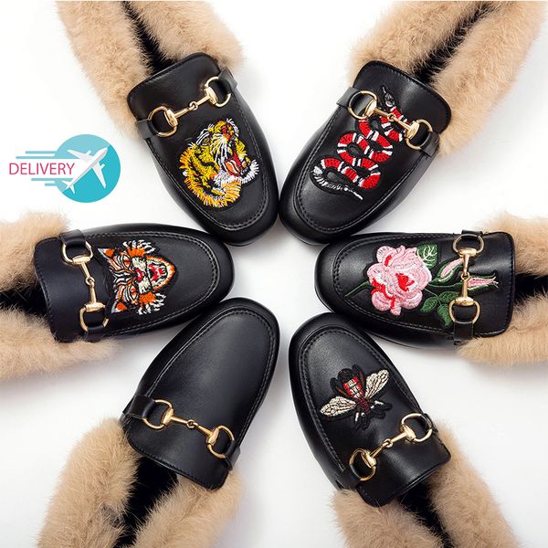 

designer princetown slippers mules loafers snake tiger pattern genuine leather slipper men women sandal metal buckle shoes lace velvet slipp, Black