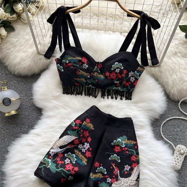 

women s t shirt singreiny print chinese women summer set zipper 2 piece sets tassel retro slim vacation beach two 230504, White