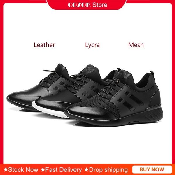 

dress shoes cozok leather and mesh lycra vamp 6 8cm increasing men s quality breathable casual big size office men 230504, Black