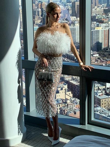 

two piece dress women summer strapless backless feather mesh sequins bodycon skirt set elegant evening club party outfits 230505, White
