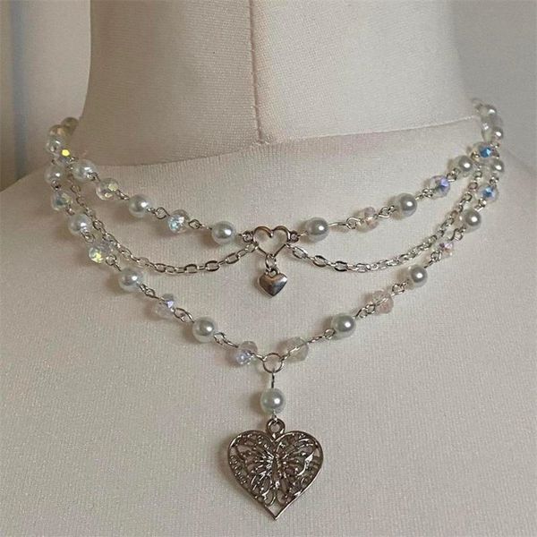 

pendant necklaces pearls butterfly heart fairycore choker y2k pixie cottagecore rosary 230504, Silver
