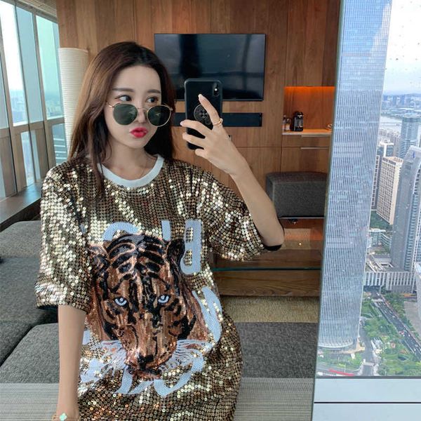 

women's t-shirt ihobby casual straight sequins party shirt tiger letter round neck short sleeve black gold long club t shirt j230504, White