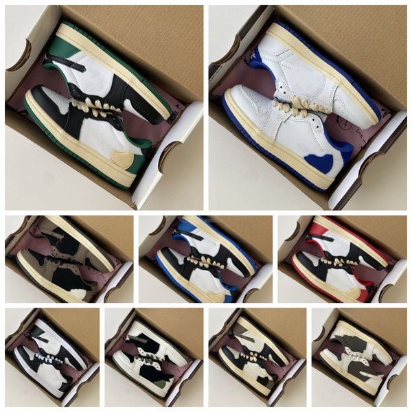 

kid air michael jor fragment design og 1s low basketball shoes luxury designer air jumpman 1 military blue boys girls sneakers inverted tick, Black