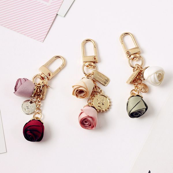 

fashion fabric rose car bag keychain pendant flower women's creative keychains jewelry in bulk, Silver
