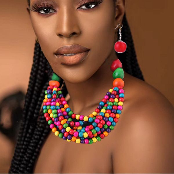 

dangle chandelier african ethnic style colorful necklace multi layered clavicle chain choker earring set jewelry for women birthday christma, Silver