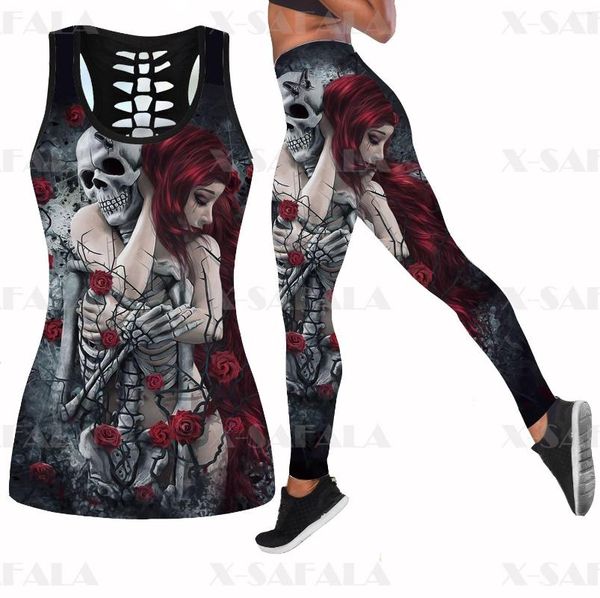

Women's Two Piece Pants Skull Dance With Girl Rose Yoga Set Women 3D Print Hollow Out Tank Top High Waist Legging Summer Casual Sport-9