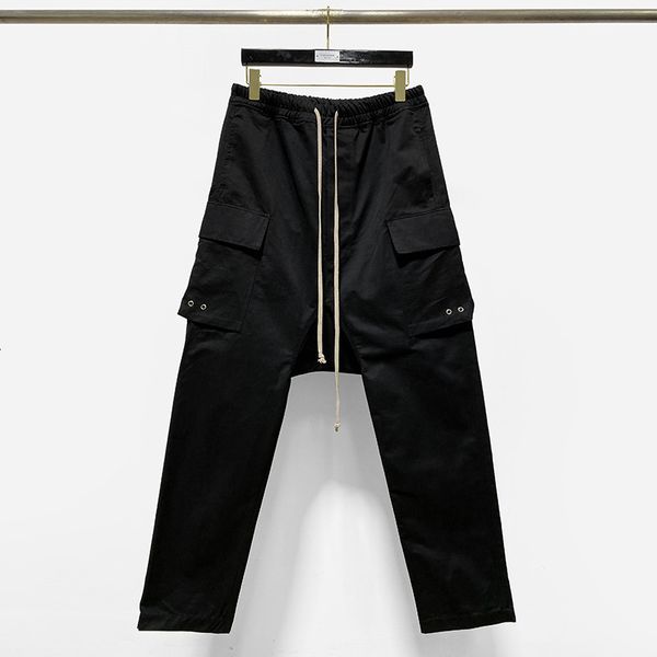 

men's pants rick cargo for jeans large pocket owens drawstring elastic waist loose casual 230428, Black