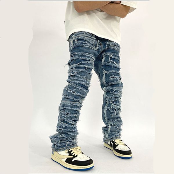 

men's jeans vibe style patchwork retro washed men baggy pants hole ripped hip hop straight vintage denim trousers pantalon homme 230504, Blue