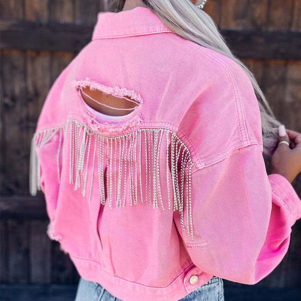 

women's jackets ardm casual hole tassels fringed black denim cropped jacket for women streetwear jean new in outerwears chic winter coa, Black;brown