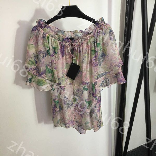 

23ss women shirt womens designer clothing high neck blouse temperament printed lotus leaf one-line neck short sleeve silk women clothes, White