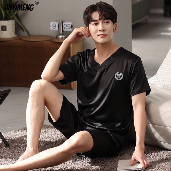 

men's sleepwear man pajamas plus size two piece night sets summer new fashion satin homewear luxury mens pajamas father's gift 230, Black;brown