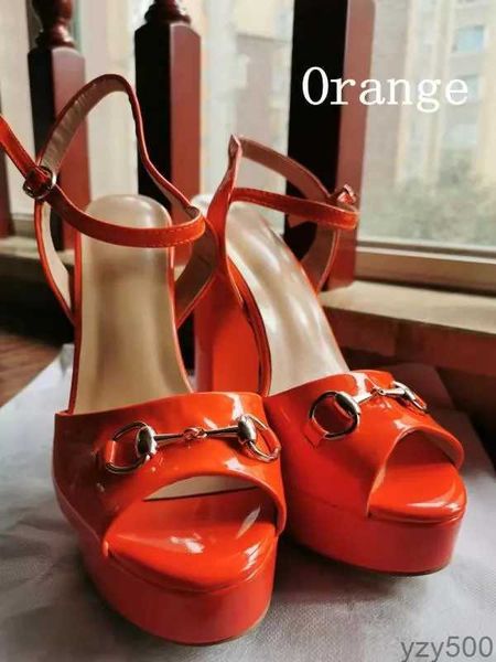 

designer sandal fashion metal buckle chunky heel ankle wrap women high heels sandals patent leather chic party shoes 34-45''gg&#03, Black