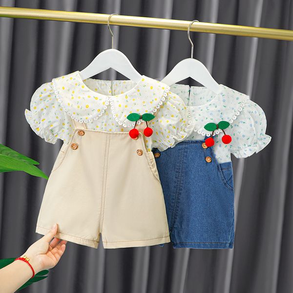 

clothing sets new summer born girl baby clothes outfit sets floral shirt denim overalls suit for girls baby clothing 1 year birthday sets 23, White