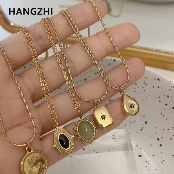

pendant necklaces hangzhi korean vintage water drop star round bear oval necklace geometric gold color steel jewelry 230504, Silver