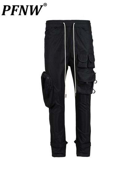 

men's pants pfnw 2023 asymmetric pockets overalls casual cargo high street fashion darkwear solid trousers 12a4955 230428, Black