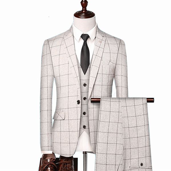 

men's suits blazers british style men plaid vest blazer pants 3 pieces set / male fashion high end slim wedding banquet business suit j, White;black