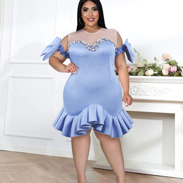 

plus size dresses size beading ruffles elegant short party dress for women lady sheer mesh patchwork bodycon vestidos night club banquet 230, Black