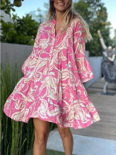 

casual dresses summer green beach dress for women flare sleeve v neck floral print dresses a line bohemian birthday dress for women 230505, Black;gray