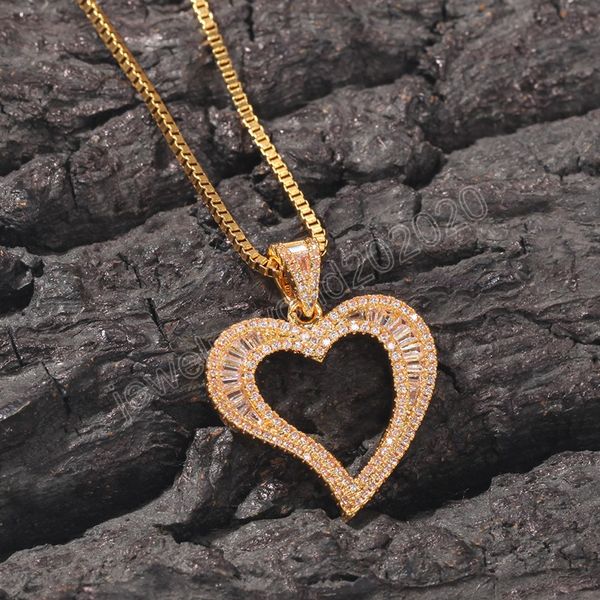 

hollow heart pendant iced out bling charm with box chain necklace men women hip hop chains for jewelry gift, Silver