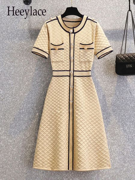 

casual dresses women summer french vintage fragrance dresses office ladies elegant short sleeve o neck high waist aline knitting dresses 230, Black;gray