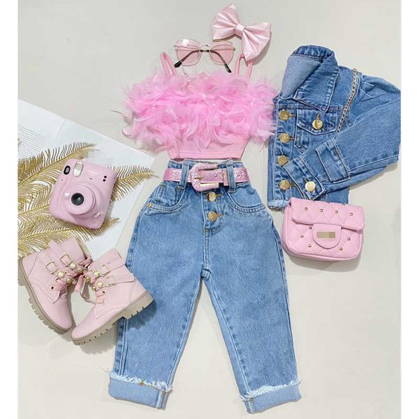 

clothing sets focusnorm little girls fashion clothes sets 1-6y ruffles fur feather sleeveless camisole +high waist denim pants 2pcs aa230504, White