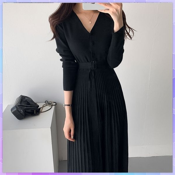 

casual dresses vintage korean pleated dress long sleeve slim woman sweater dresses knitted elegant midi party woman long dress 230505, Black;gray