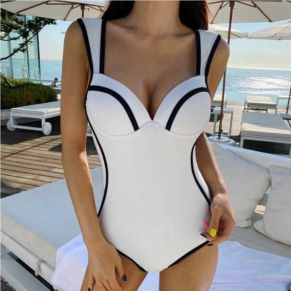 

steel bracket swimwear gathering small chest black triangle one piece swimsuit women ins slim cover belly slimming and simple, White;black