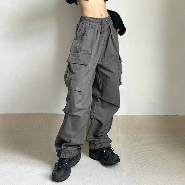

women s pants cargo high waist vintage grey loose streetwear baggy jeans retro sporty pockets wide leg y2k denim trousers overalls 230504, Black;white