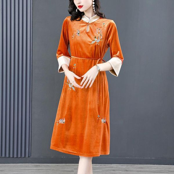 

dresses 2022new orange embroidery velvet dress autumn winter thick warm elegant party dress women korean elegant loose waist party dress, Black;gray