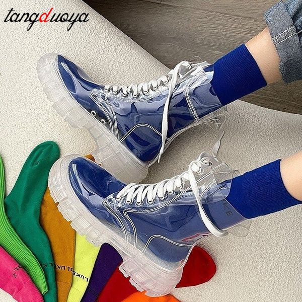 

rain boots fashion women mature ladies laceup waterproof shoes transparent candy color soles outdoor girl 230504, Black;red