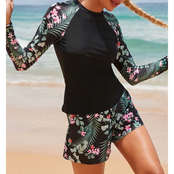 

wetsuits drysuits summer long sleeve two pieces surfing swimsuit women tankini floral swimwear female rash guard beachwear bathing suit shor