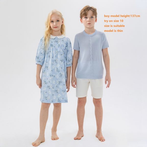 

family matching outfits summer fabric boy knit in stock summer cotton floral girls dress teen baby romper kids loose clothing set #7300 2305, Blue