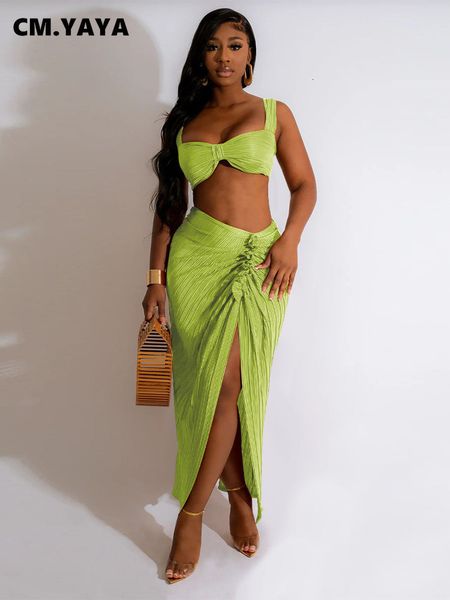 

two piece dress cmyaya beach pleated women 2 set outfits summer crop and midi ruffles draped high side split maxi long skirt 230505, White