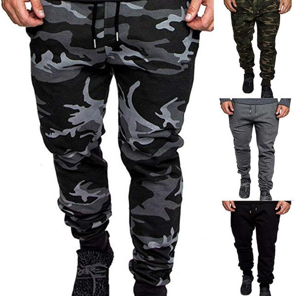 

mens pants men camouflage solid color elastic waistband drawstring pockets sports gym training running trousers 230504, Black