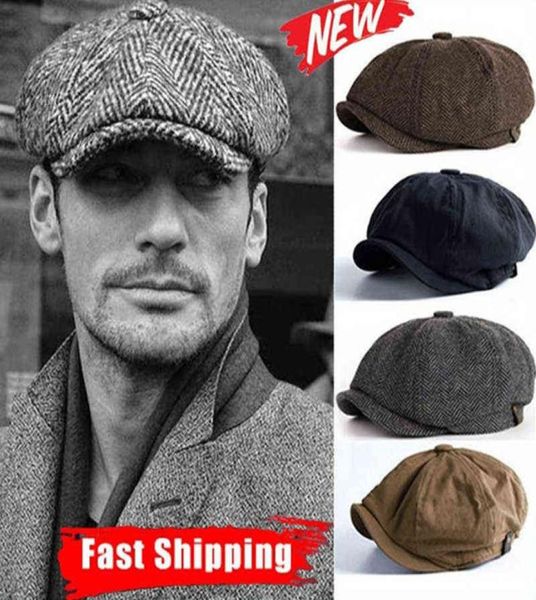 

men berets retro peaky blinders wool fishbone tweed newspaper boy octagonal hat tweed blend casual flat hat father hat for men j222325565, Blue;gray