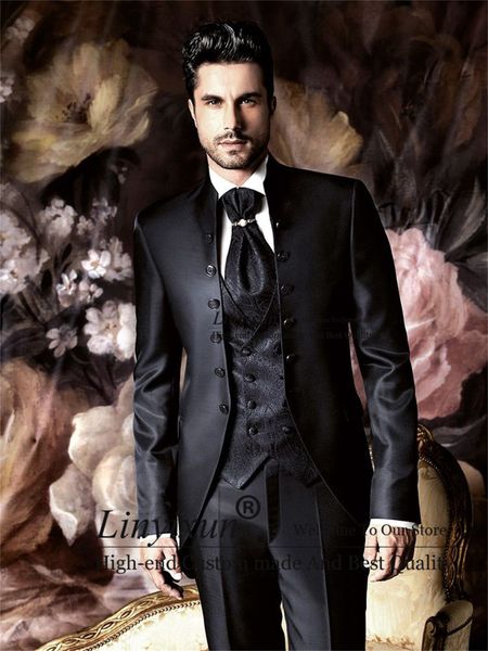 

men's suits blazers classic men suits mandarin lapel wedding groom tuxedos black pattern waistcoat groomsman blazer 3 pieces set terno, White;black