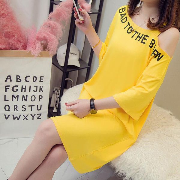 

dresses yellow slash neck shortsleeved tshirt dress summer offshoulder letter printed dresses for women loose casual dress 2023, Black;gray