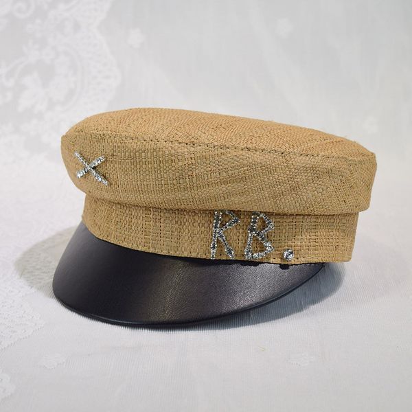 

berets women summer breathable straw sboy cap flat visor diamond letter baker boy hat, Blue;gray