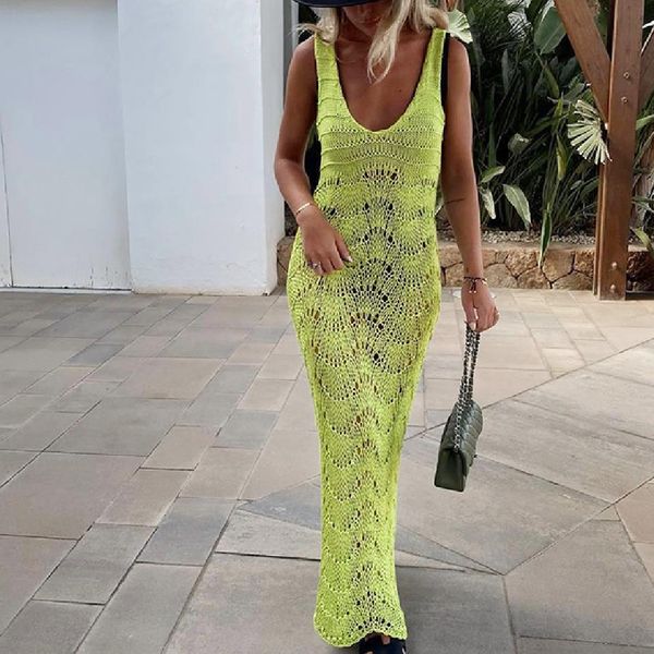 

women's swimwear yiiciovy summer women bikini coverup crochet dress sleeveless uneck hollow out slim fit beach long 2023 230506, White;black