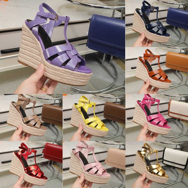 

newst brand cassandra wedge sandal lady straw woven wedges braided straps tribute leather espadrille sandals high heels shoes luxury design, Black