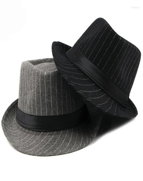 

berets ht1516 fashion men fedora hat british style striped trilby classic retro bowler jazz casual grey black fedoras5586950, Blue;gray