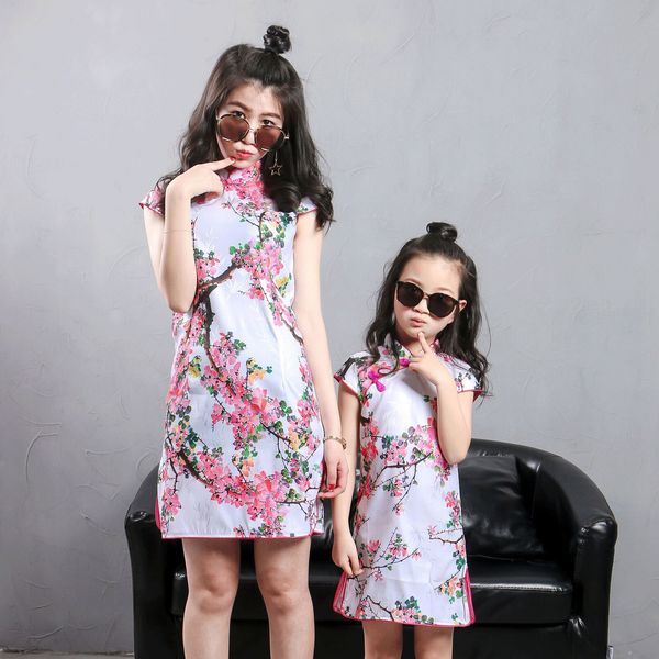 

family matching outfits mother daughter children clothing cheongsam summer parent-child cheongsam mother dresses in the big girls clothes ta, Blue