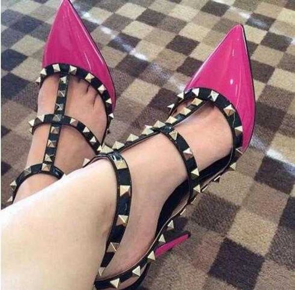 

designer pointed toe 2-strap shoes with studs high heels matte leather rivets sandals women studded strappy dress shoes slingbacks, Black