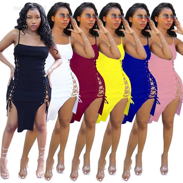 

2023 designer sleeveless dresses summer women spaghetti strap midi dress skinny bandage split pencil dress holidays night club wear wholesal, Black;gray