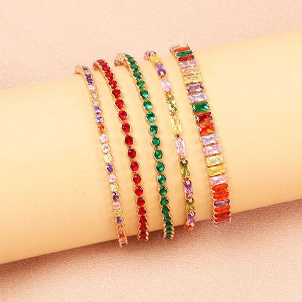 

adjustable multicolor tennis bracelets for women wedding rainbow colorful zircon charm bracelet hand chain jewelry, Golden;silver