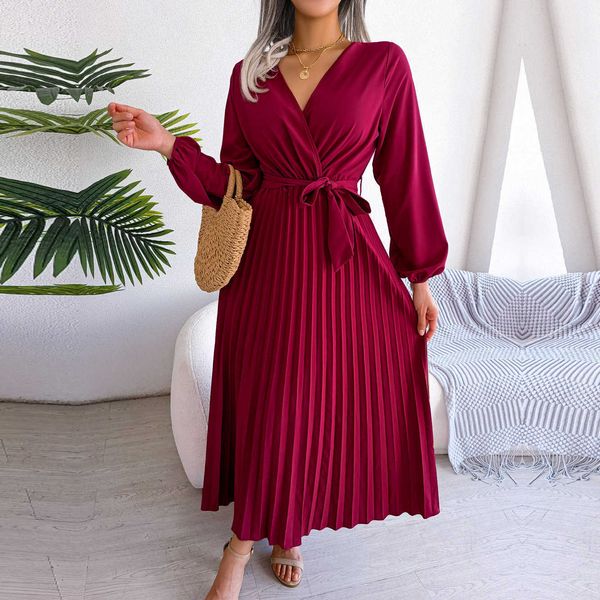 

f 2023 new women spring summer temperament cross solid color v neck large hem pleated long dress for fashion, Black;gray